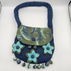Rising Tide Boho Felted 100% Wool‎ Purse Blue Green Floral Bag Made In Nepal